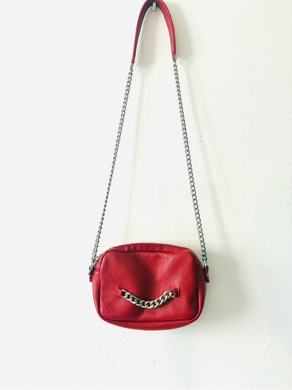 Red Leather Shoulder Bag with Chain Accent